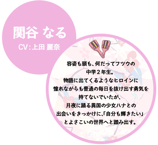 関谷なる CV:上田 麗奈 容姿も頭も、何だってフツウの中学２年生。物語に出てくるようなヒロインに憧れながらも普通の毎日を抜け出す勇気を持てないでいたが、月夜に踊る異国の少女ハナとの出会いをきっかけに、「自分も輝きたい」とよさこいの世界へと踏み出す。